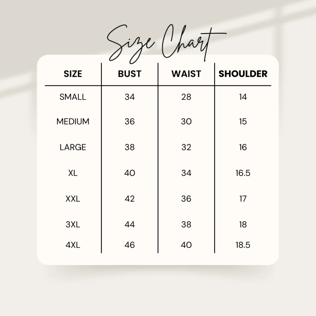 Official size chart for Modern Filipiniana Top Bolero Full Laced Collar