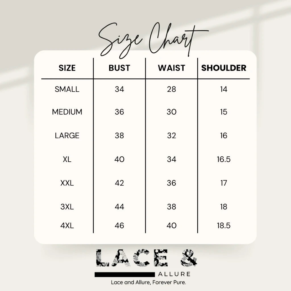 Official size chart for Modern Filipiniana Laced Bolero Collar Croptop