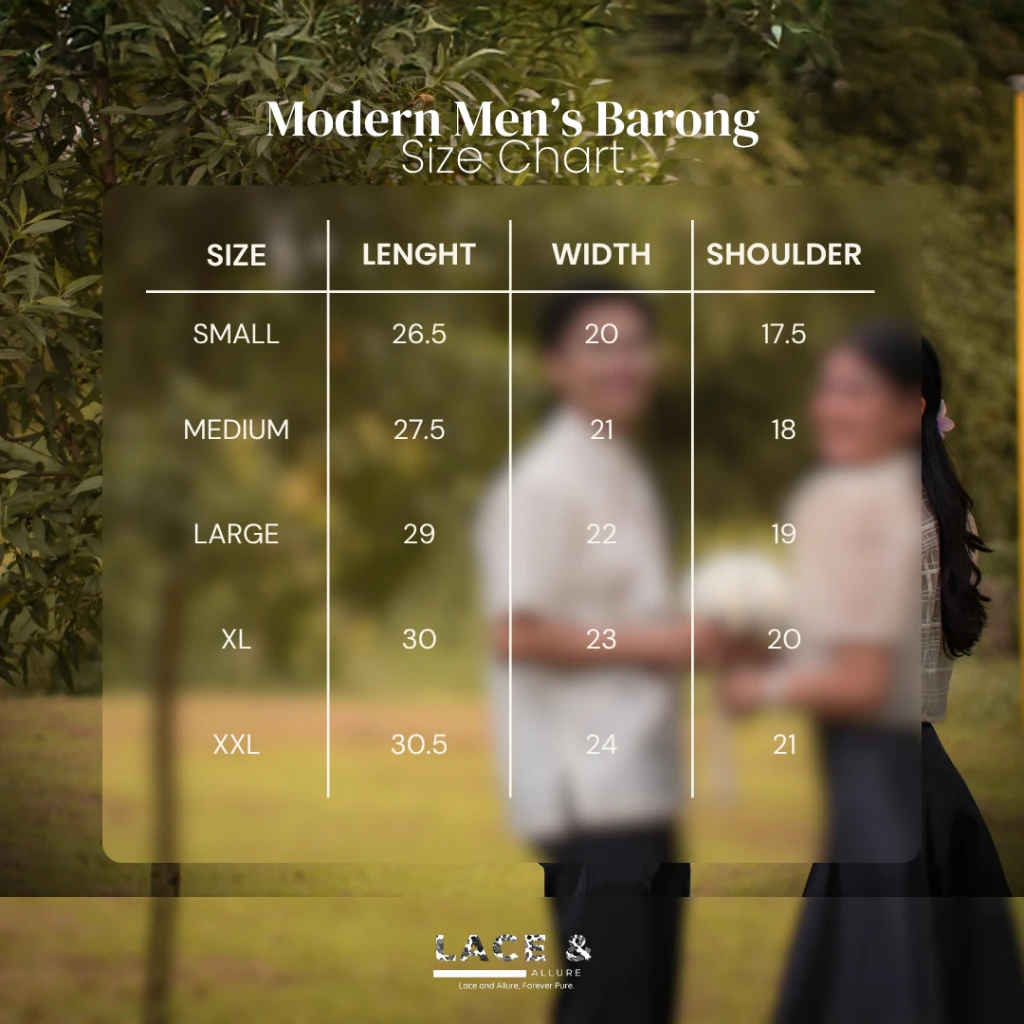 Official size chart for Modern Embroidered Half Open Button Polo Barong (Asian Inspired Cordilleran Ethnic) Long Sleeve