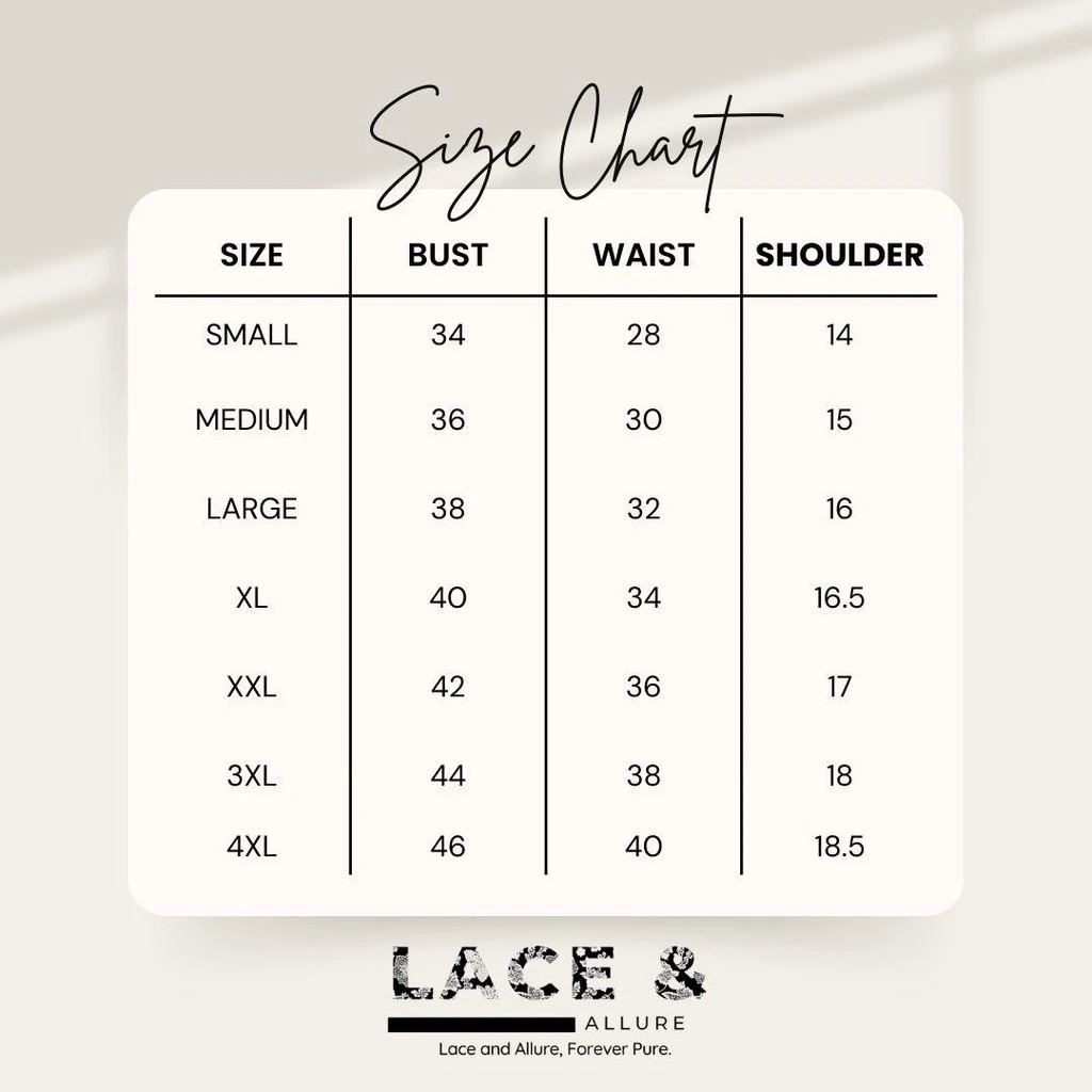 Official size chart for Modern Filipiniana Bolero with Painting (Mestiza Sleeve)