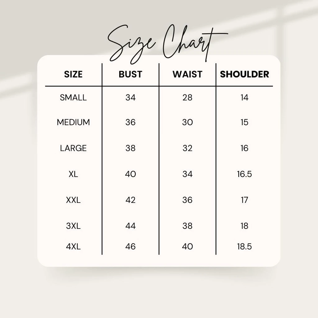 Official size chart for Modern Filipiniana Half Ethnic Silk Bolero Collar